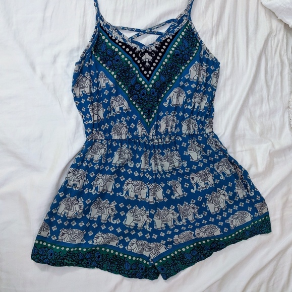 Pants - Blue Green Gray V-Neck Crossed Backing Romper